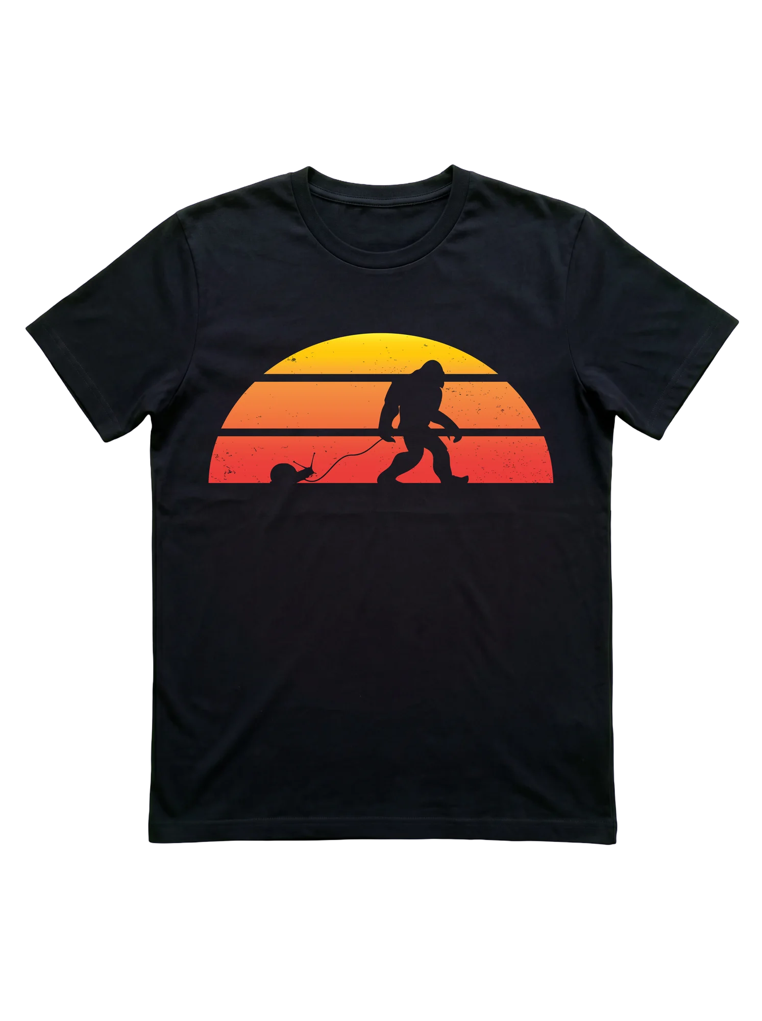 Bigfoot Walking a Snail on Leash Sunset T-Shirt