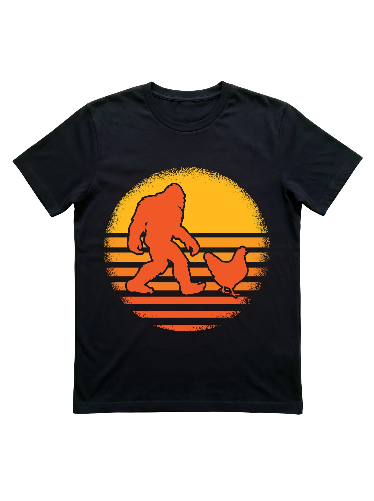 Retro Sunset Bigfoot and Chicken Shirt for Farmers