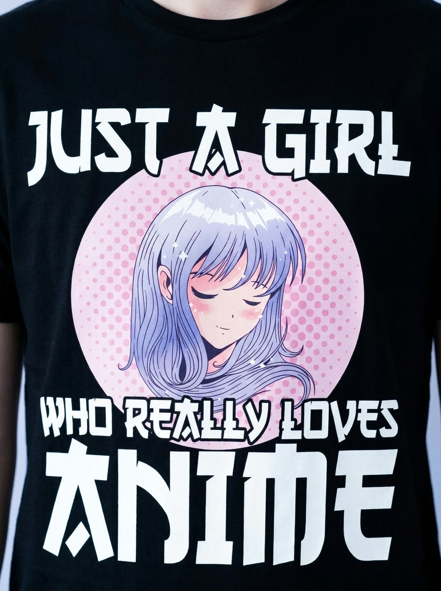 Closeup of the kawaii anime girl print on a black cotton tee with pink halftone circle and bold white lettering