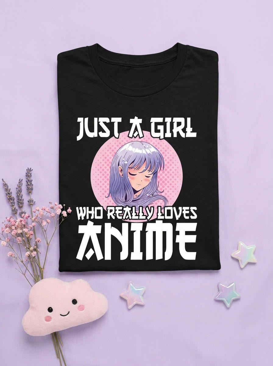 Black anime girl tee folded flat with kawaii pastel props, a plush cloud and star trinkets