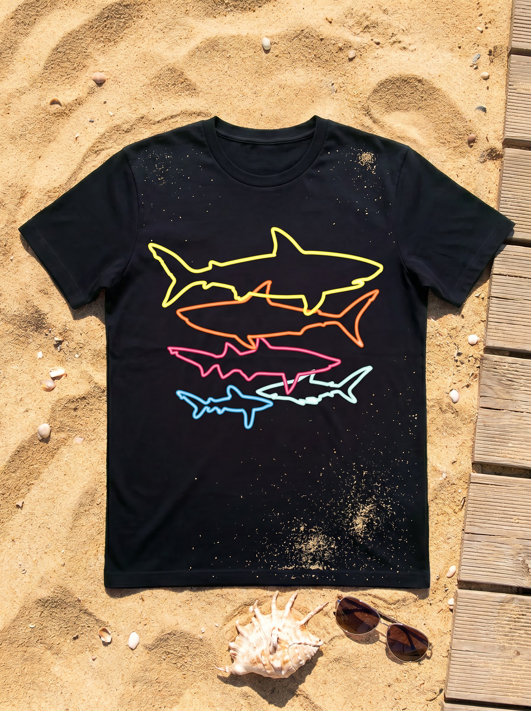 Black retro shark tee laid flat on warm sand next to a boardwalk, a seashell and sunglasses